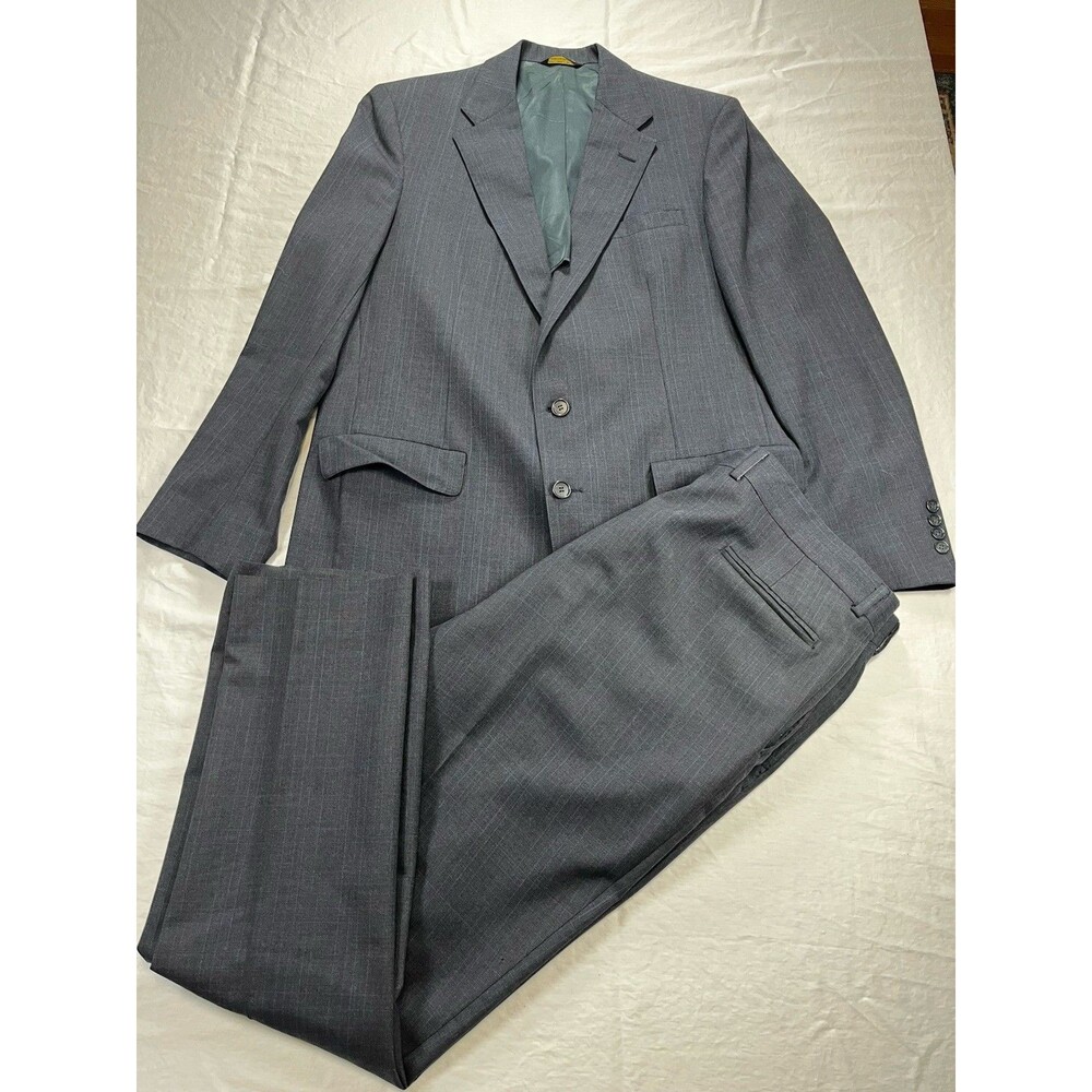 Palm Beach Men’s Suit 42L 38W Gray Striped Wool 2pc Vtg 80s 90s Tailored in USA